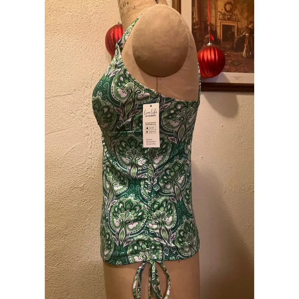 Green Paisley Ribbed V-neck Cutout Back Tankini Top NWT Size L (Runs Small)